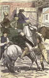 ウィンクル氏は彼のスティードをマウントし、チャールズディケンズの「The Pickwick Papers」（1812-70）1837（カラー彫刻）のイラストを使用